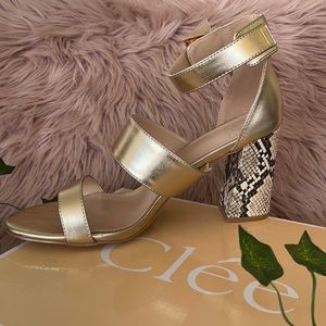 Gold Sandal with Snake 🐍 Print Block Heel